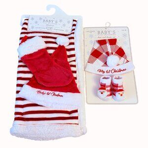 Babys First Christmas Reversible Blanket Set Hat Bootie 0-6 Months Gift